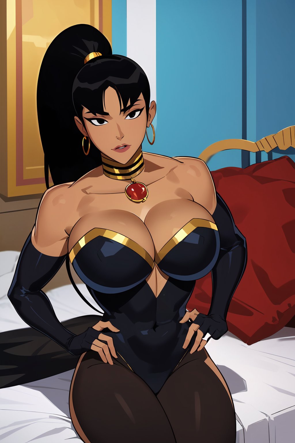  masterpiece, best quality, Superwoman, 1girl, solo, black hair, ponytail, center parted bangs, black eyes, good lips, dark skin, large breasts, cleavage, black tights, fingerless_gloves, out off shoulders, neck rings, boots, earrings, in room