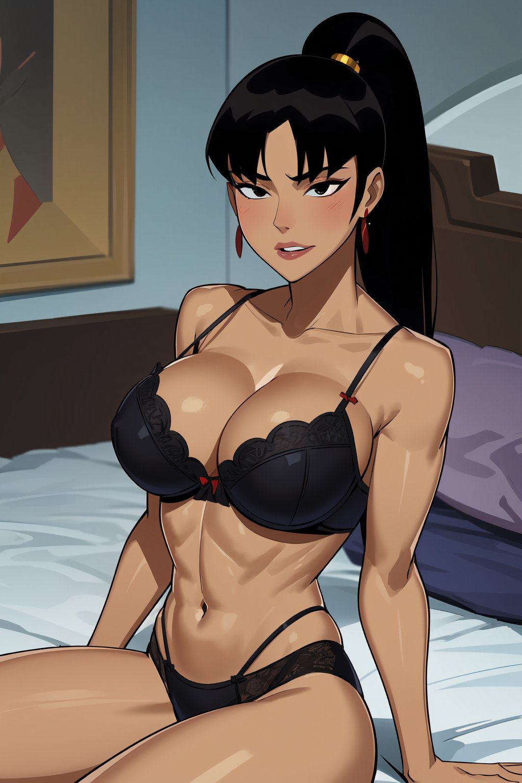  masterpiece, best quality, Superwoman, 1girl, solo, black hair, long ponytail, long center parted bangs, black eyes, good lips, earrings, blush, shy, dark skin, large breasts, cleavage, bra, underwear, lingerie, in bed