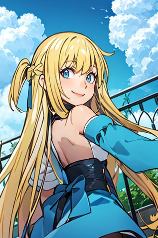 <lora:Alola_Style:0.65>,((masterpiece,best quality)), absurdres,<lora:Marina_Lucce_Maxetto_OC:0.8>, Marina_Lucce_Maxetto_OC, 1girl, solo, blonde, very long hair, french braid,  big blue sleeve,blue hair ribbon, frilled choker, criss-cross halter, sleeveless dress, high-waist skirt, blue backless dress, waist bow, detached sleeves, frilled sleeves, wide sleeves, pantyhose, open back, solo, smiling, looking at viewer, from behind, 