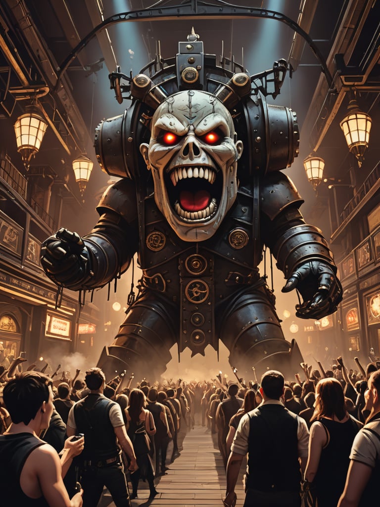 dynamic angle, (steampunk focus:1.2), extremely detailed urban strip bar, clashing themes, stage, stage lights, crowd in background, grimoire_noir, giant monolith with screaming face, pale skin, gothic style