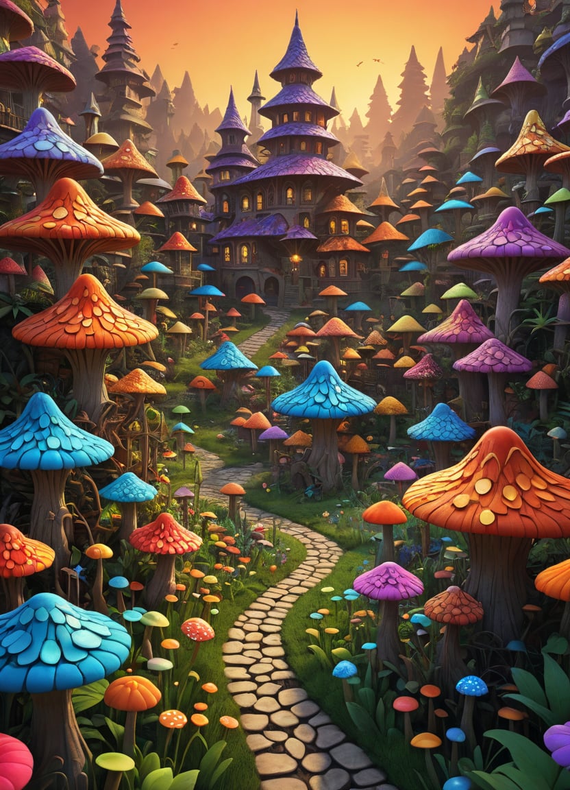 An intricate village made of psychedelic mushrooms, art by greg rutkowski, 3d render