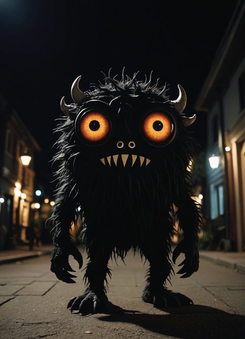 Very cute, realistic monster with many eyes standing in background completely black, unsettling, wide angle, night time, shot on leica