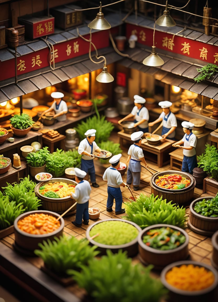 Miniature harvest scene, tilt-shift photo of "sichuan hotpot restaurant chefs making food, people at work", creative photography posters, miniature photography, beautiful lighting, emphasis lighting, global lighting surreal, ultra detailed, 8k, simple composition