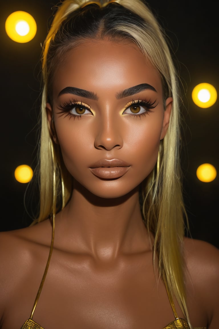 Eye Contact, 1girl Latina(Skin Tan: 1.3), Yellow Spotlight, Dark Theme, Solitude, Luxurious, Matte Black Crease Eyeshadow, Metallic Lipstick, Snake eyes (elongated pupils:1.7), smooth yellow hair, Freckles, Inditronics, Soft Lighting, Bokeh,Hexagonal Squama