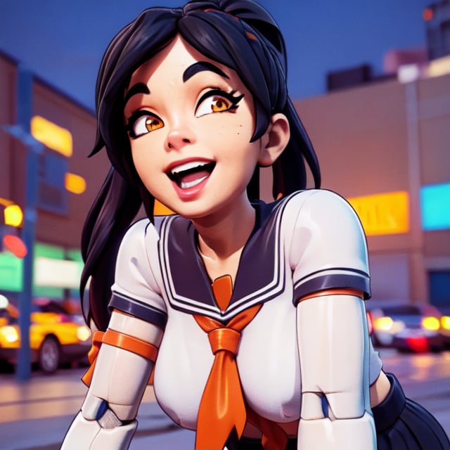 best quality,ultra-detailed,realistic:1.37,black cat,laughing faces,teeth,detailed city background,portrait,expressive,colorful,sunshine,bokeh,joyful,street scene,happy people,1girl, solo, stiches, android, black hair, looking at viewer, black skirt, closeup, school uniform, ponytail, serafuku, sailor collar, blurry, blurry background, joints, pale, mechanical arms, 3d model cycles render, cyborg, joints, long hair, looking at viewer, mechanical arms, mechanical parts, cyberpunk, orange, heavy eyeliner, red eye color, (((white skin)))xTsuki