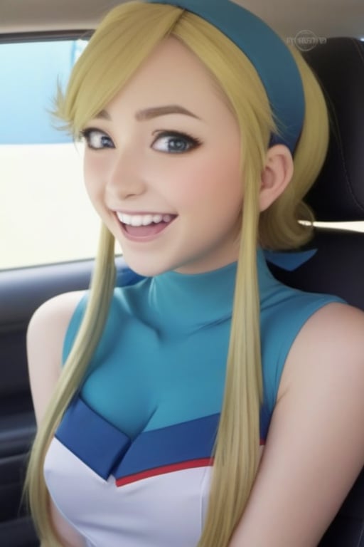 dr24lina, masterpiece, best quality, anti-aliasing, limited palette, super resolution, rich colors, hairband, long hair, blush, cheerleader, looking at viewer, open mouth, smile, anime coloring, car interior