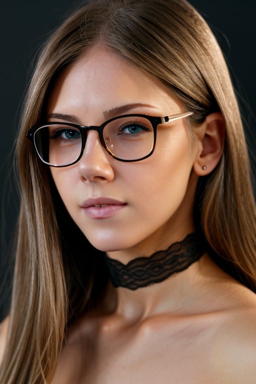 glasses, Sharp Focus, wo_4ngel01, her expression is sexy with parted lips, dark blonde hair, (close-up:0.8), low key lighting, shot on Lumix GH5, cinematic bokeh, lace choker, (simple background:1.2), teasing, detailed skin,wo_4ngel01