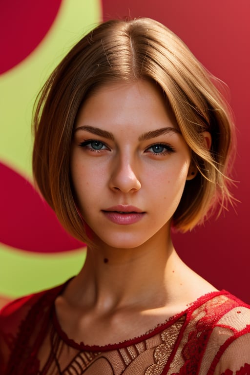 a portrait of the wo_4ngel01,  headshot_portrait,  short hair,  blonde,  wearing a lace red shirt,  colorful background,  global illumination,  high details,  UHD,  RAW,  HDR effect,  beautiful,  aesthetic,  perfect lighting,  thin nose, woman