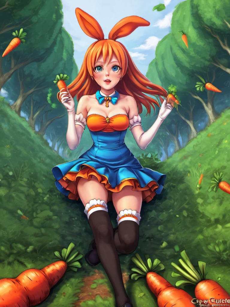 in the style of cutepet, thighhighs, looking up, actress, dress, carrot<lora:Cutepet:0.8>masterpiece, best quality, anti-aliasing, limited palette, super resolution, rich colors, sfw