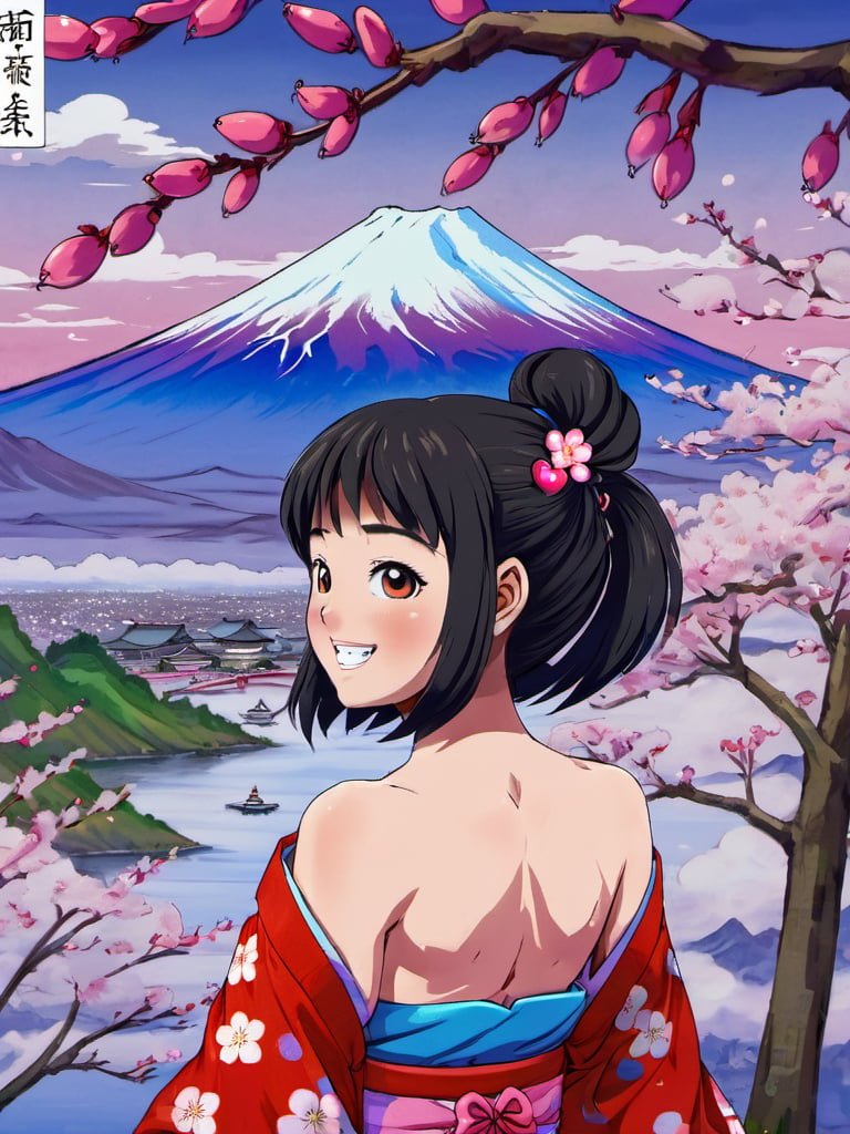 in the style of cutepet, 1girl, black hair, long hair, blush, open mouth, sweat, smile, blunt bangs, looking back, medium breasts, mountain, from behind, looking at viewer,  tree, :d, outdoors, black eyes, mount fuji, teeth, heart,  cherry blossoms, snow, flower<lora:Cutepet:0.8>masterpiece, best quality, anti-aliasing, limited palette, super resolution, rich colors, sfw, kimono