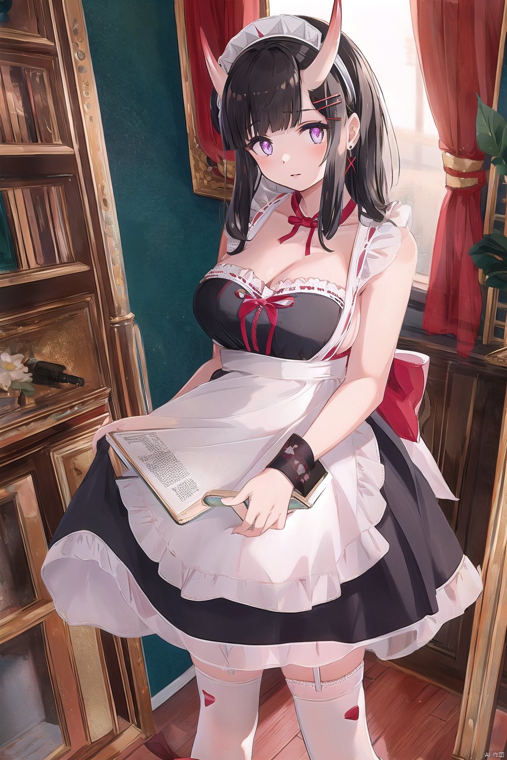  nengdai,1girl, horns, breasts, oni horns, solo, purple eyes, maid headdress, official alternate costume, thighhighs, apron, white apron, dress, cleavage, looking at viewer,standing, plant, black thighhighs, black hair, maid apron, maid, large breasts, black dress, long hair, bare shoulders, detached collar, strapless, strapless dress, indoors, menu, bangs, black garter straps, potted plant, book, x hair ornament, jewelry, medium breasts, heart, wooden floor, couch, lips, garter straps, collar, feet out of frame, white dress, flower, skirt, chair, black skirt, frills, bracelet, horn ornament, earrings, bookshelf, hand on own thigh, frilled apron, waist apron, white collar, short dress, zettai ryouiki, blunt bangs