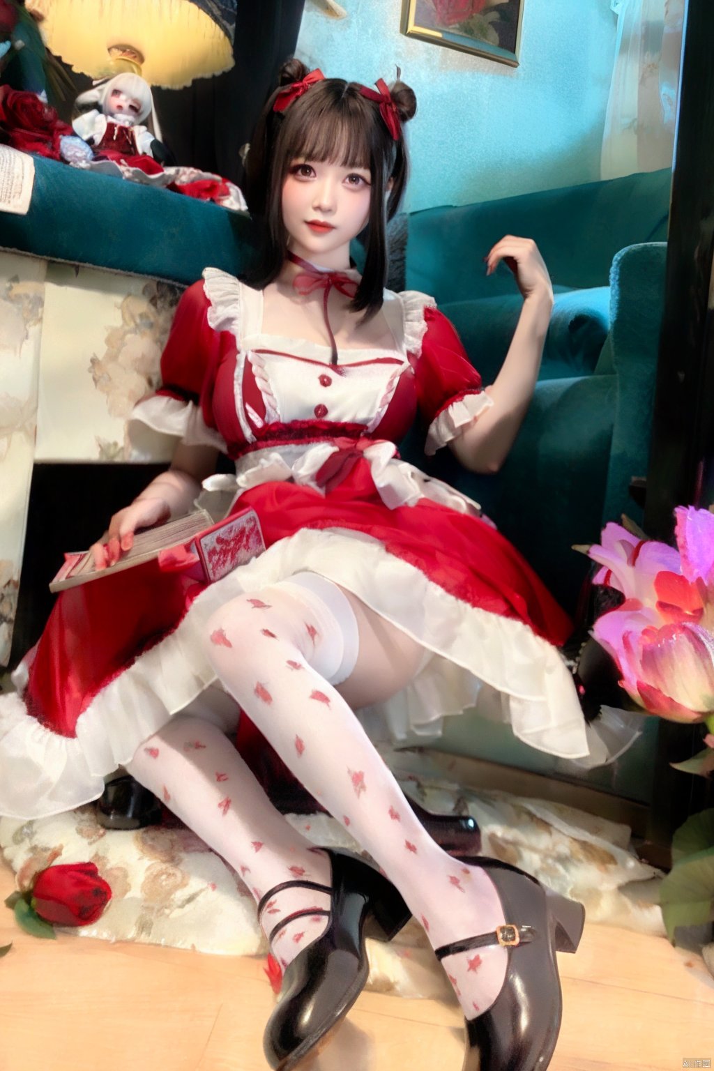  yuandanhetu, 1girl, book, dress, thighhighs, solo, sitting, black hair, flower, rose, black footwear, bow, red bow, indoors, red eyes, red flower, long hair, holding, red rose, bangs, red dress, short sleeves, looking at viewer, hair bow, lamp, candlestand, white thighhighs, doll, red lips, choker, white flower, high heels, shoes, jewelry, skull, lolita fashion, shelf, realistic, painting \(object\), holding book, vase, frills, white rose, full body, open book, blunt bangs, lace trim, bookshelf, double bun, print legwear, earrings, wooden floor, candle, chair, lips, picture \(object\), birdcage, table, red nails, lace, red ribbon, ribbon, loaded interior, nail polish, hair bun, cage, parted lips, apron, plant, puffy short sleeves, twintails, stuffed toy, lace-trimmed legwear, smile, puffy sleeves, picture frame, collarbone, breasts, makeup, lipstick, heart, frilled dress, mary janes, white apron, lace-trimmed dress, hair ornament, neck ribbon, closed mouth, floral print, halo, cabinet, hat, potted plant, footwear bow, fireplace, print dress, pink bow, hands up