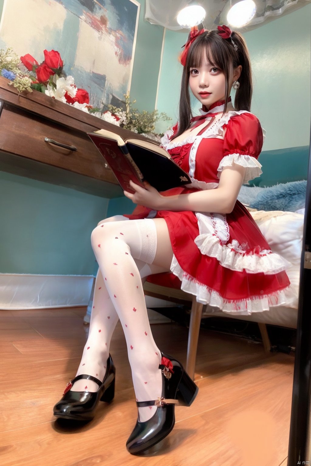  yuandanhetu, good anatomy, good proportions, shapely body, name, text, words, username, english text, artist, artist name, , 1girl, book, dress, thighhighs, solo, sitting, black hair, flower, rose, black footwear, bow, red bow, indoors, red eyes, red flower, long hair, holding, red rose, bangs, red dress, short sleeves, looking at viewer, hair bow, lamp, candlestand, white thighhighs, doll, red lips, choker, white flower, high heels, shoes, jewelry, skull, lolita fashion, shelf, realistic, painting \(object\), holding book, vase, frills, white rose, full body, open book, blunt bangs, lace trim, bookshelf, double bun, print legwear, earrings, wooden floor, candle, chair, lips, picture \(object\), birdcage, table, red nails, lace, red ribbon, ribbon, loaded interior, nail polish, hair bun, cage, parted lips, apron, plant, puffy short sleeves, twintails, stuffed toy, lace-trimmed legwear, smile, puffy sleeves, picture frame, collarbone, breasts, makeup, lipstick, heart, frilled dress, mary janes, white apron, lace-trimmed dress, hair ornament, neck ribbon, closed mouth, floral print, halo, cabinet, hat, potted plant, footwear bow, fireplace, print dress, pink bow, hands up