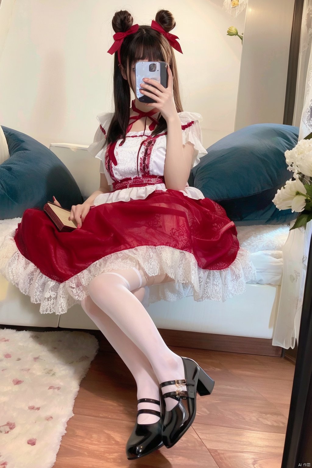  yuandanhetu, good anatomy, good proportions, shapely body, name, text, words, username, english text, artist, artist name, , 1girl, book, dress, thighhighs, solo, sitting, black hair, flower, rose, black footwear, bow, red bow, indoors, red eyes, red flower, long hair, holding, red rose, bangs, red dress, short sleeves, looking at viewer, hair bow, lamp, candlestand, white thighhighs, doll, red lips, choker, white flower, high heels, shoes, jewelry, skull, lolita fashion, shelf, realistic, painting \(object\), holding book, vase, frills, white rose, full body, open book, blunt bangs, lace trim, bookshelf, double bun, print legwear, earrings, wooden floor, candle, chair, lips, picture \(object\), birdcage, table, red nails, lace, red ribbon, ribbon, loaded interior, nail polish, hair bun, cage, parted lips, apron, plant, puffy short sleeves, twintails, stuffed toy, lace-trimmed legwear, smile, puffy sleeves, picture frame, collarbone, breasts, makeup, lipstick, heart, frilled dress, mary janes, white apron, lace-trimmed dress, hair ornament, neck ribbon, closed mouth, floral print, halo, cabinet, hat, potted plant, footwear bow, fireplace, print dress, pink bow, hands up