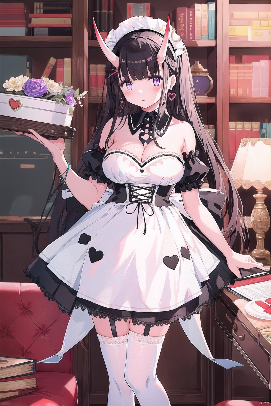  nengdai,1girl, horns, breasts, oni horns, solo, purple eyes, maid headdress, official alternate costume, thighhighs, apron, white apron, dress, cleavage, looking at viewer,standing, plant, black thighhighs, black hair, maid apron, maid, large breasts, black dress, long hair, bare shoulders, detached collar, strapless, strapless dress, indoors, menu, bangs, black garter straps, potted plant, book, x hair ornament, jewelry, medium breasts, heart, wooden floor, couch, lips, garter straps, collar, feet out of frame, white dress, flower, skirt, chair, black skirt, frills, bracelet, horn ornament, earrings, bookshelf, hand on own thigh, frilled apron, waist apron, white collar, short dress, zettai ryouiki, blunt bangs