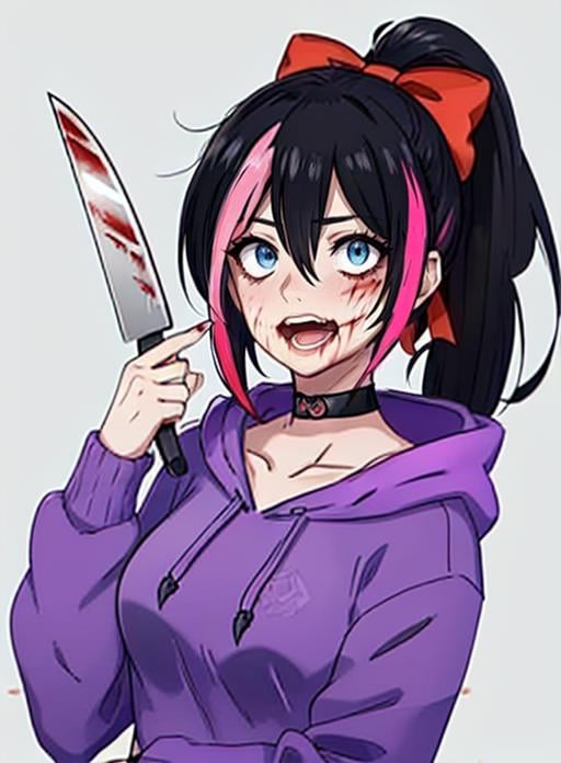 best quality, (masterpiece),(ultra-detailed), (high quality), (high resolution), <lora:nina:0.7> ,nina the killer, white skin,  purple hoodie, black choker, pink hair, hood down, red bow,  long hair, black hair,  blood, two-tone hair, hood, bow, multicolored hair, holding knife, streaked hair, breasts, ponytail, blue eyes, hoodie, holding, solo, hair between eyes, choker, collarbone, hair bow, open mouth, teeth,  blood on knife