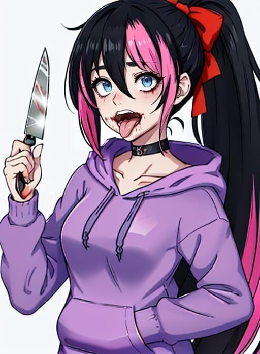 best quality, (masterpiece),(ultra-detailed), (high quality), (high resolution), <lora:nina:0.7> ,nina the killer, white skin,  purple hoodie, black choker, pink hair, hood down, red bow,  long hair, black hair,  blood, two-tone hair, hood, bow, multicolored hair, tongue, holding knife, streaked hair, breasts, ponytail, blue eyes, hoodie, holding, solo, hair between eyes, choker, collarbone, hair bow, open mouth, teeth,  blood on knife