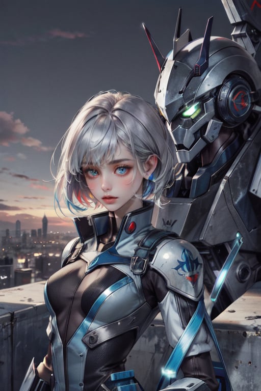 (absurdres, highres, ultra detailed),masterpiece,best quality,upper body,1girl,small breasts,mecha,muted color,,﻿rotational symmetry,streaked hair,heterochromia,envy,atmospheric perspective