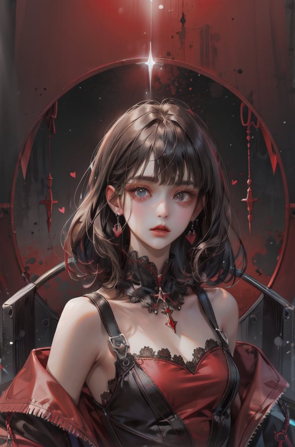 (absurdres, highres, ultra detailed),masterpiece,best quality,upper body,1girl,small breasts,road,red theme,﻿rotational symmetry,black hair,﻿heart-shaped pupils,sulking,cowboy shot