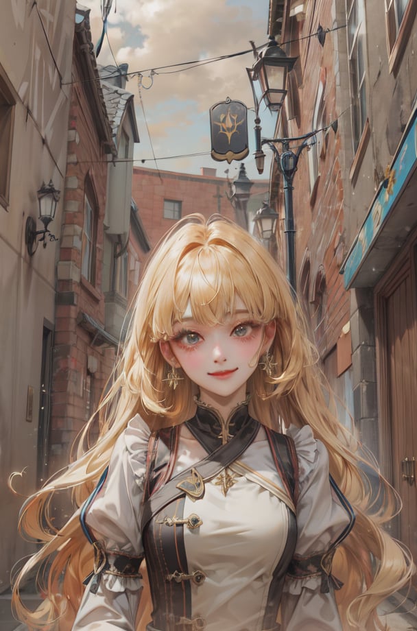 (absurdres, highres, ultra detailed),masterpiece,best quality,upper body,1girl,small breasts,alley,yellow theme,﻿rotational symmetry,crossed bangs,aegyo sal,forced smile,wide shot