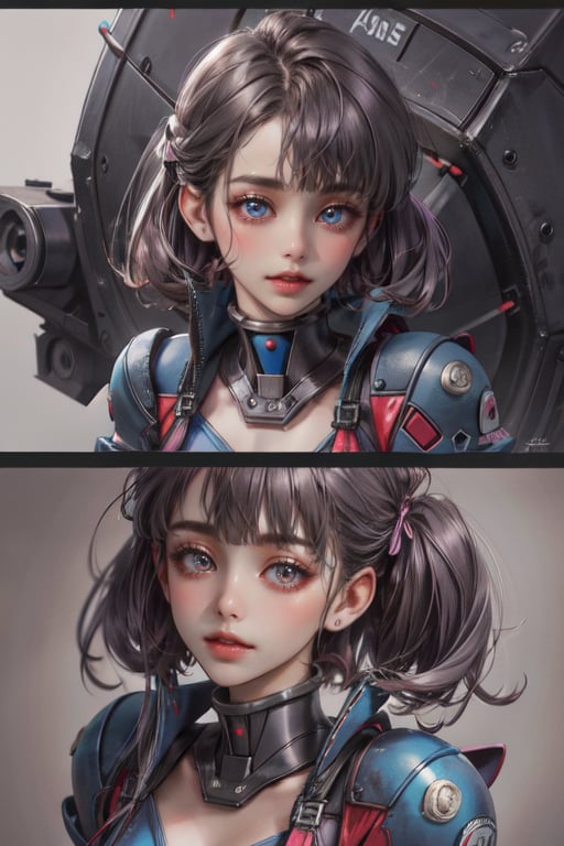 (absurdres, highres, ultra detailed),masterpiece,best quality,upper body,1girl,small breasts,mecha,neon palette,,afterimage,pointy hair,aegyo sal,rectangular mouth,multiple views