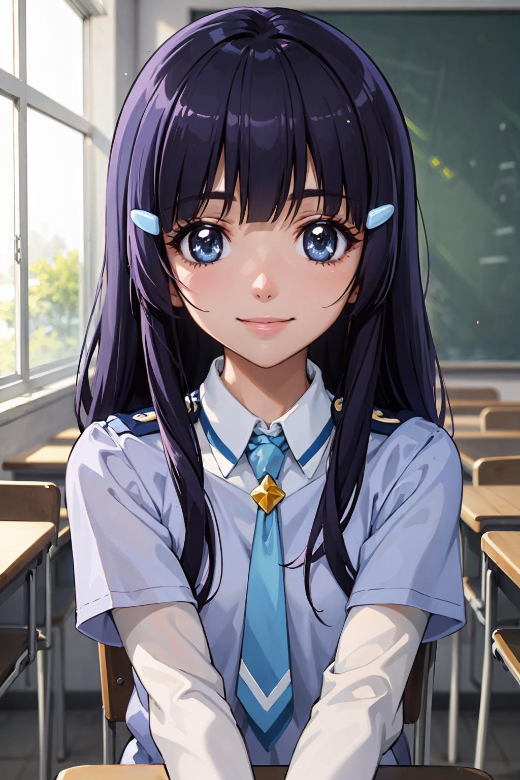 (best quality:1.1), (masterpiece:1.4), portrait, aoki reika, hair ornament, hime cut, blue hair, long hair, blue eyes, small breasts, school uniform, necktie, indoors, classroom, looking at viewer, smile,<lora:Kizuki - Smile Pretty Cure! Aoki Reika:0.9>