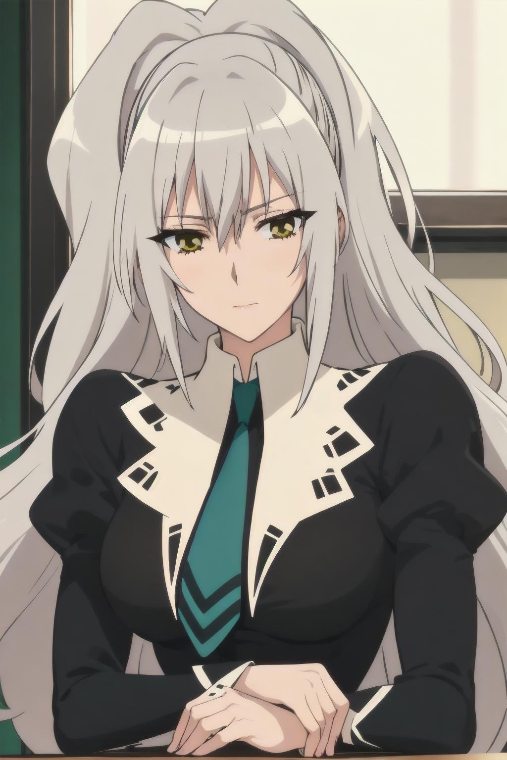 best quality, masterpiece, portrait, (mature female:1.4), hanazono shizuma, silver hair, very long hair, bangs, ponytail, green eyes, large breasts, golden eyes, necktie, black dress, schooloutfit1, juliet sleeves, long sleeves, indoors, classroom, looking at viewer,<lora:Kizuki - Strawberry Panic - Hanazono Shizuma:0.9>