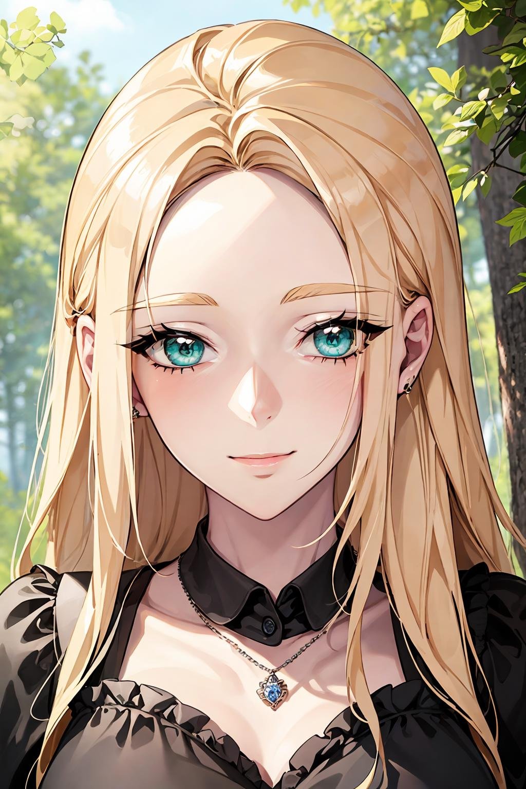 best quality, masterpiece, portrait, close-up, evonne deluah, aqua eyes, blonde hair, very long hair, forehead, hair intakes, sidelocks, large breasts, straight hair, frilled dress, necklace, smile, closed mouth, looking at viewer, outdoors, forest, park, <lora:Kizuki - Wished You Were Dead - Evonne Deluah:0.9>