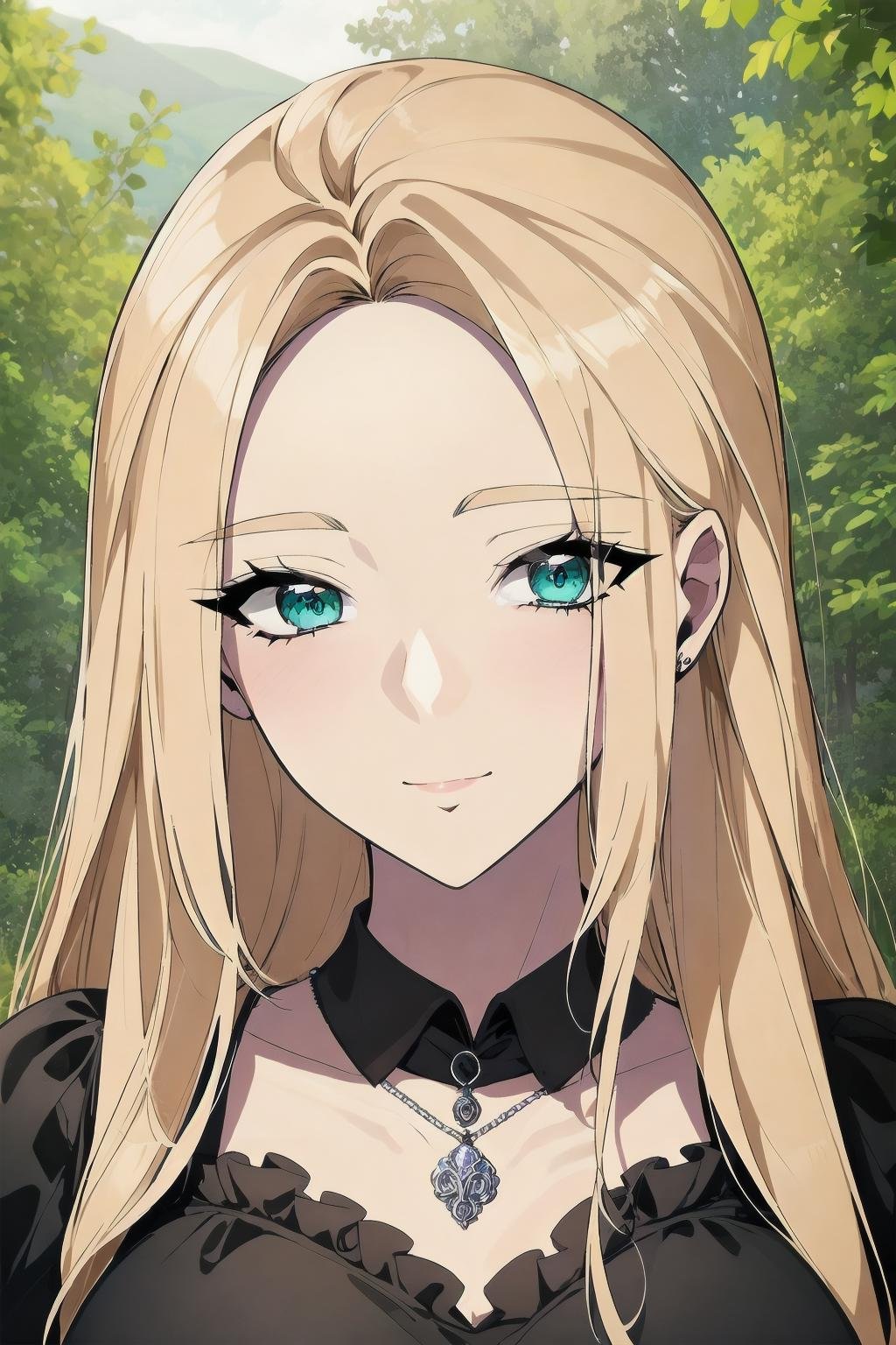 best quality, masterpiece, portrait, close-up, evonne deluah, aqua eyes, blonde hair, very long hair, forehead, hair intakes, sidelocks, large breasts, straight hair, frilled dress, necklace, smile, closed mouth, looking at viewer, outdoors, forest, park, <lora:Kizuki - Wished You Were Dead - Evonne Deluah:0.9>