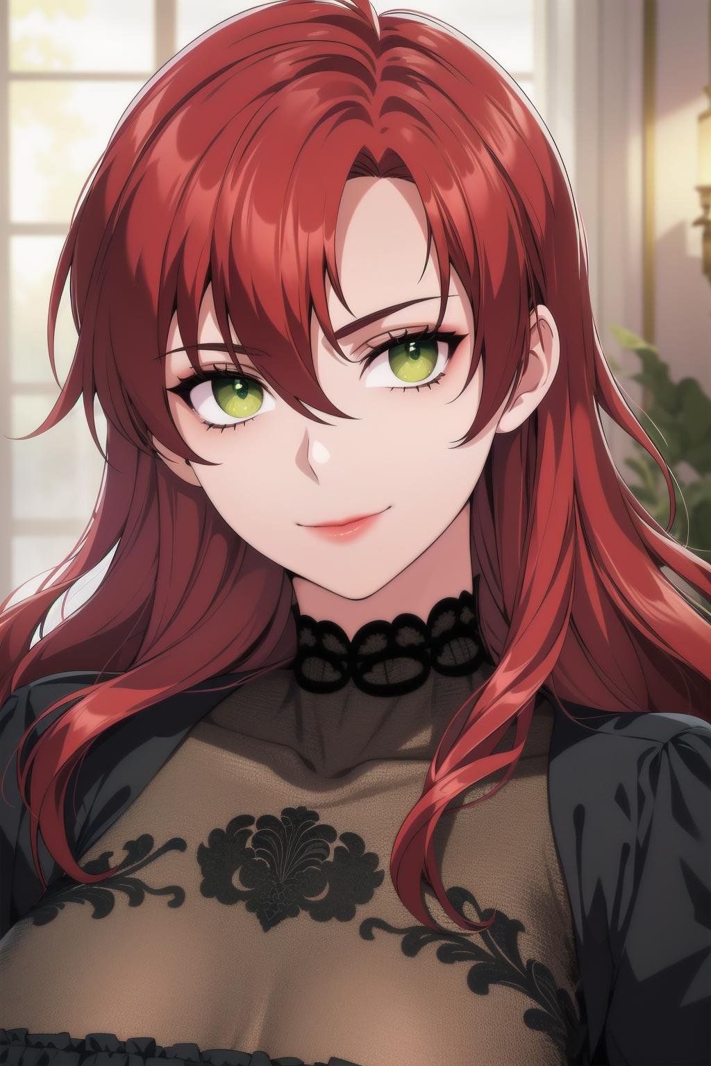 best quality, masterpiece, portrait, rebellia le castilla, green eyes, red hair, wavy hair, long hair, hair intakes, large breasts, hair between eyes, dress, juwelery, seductive smile, looking at viewer, closed mouth,indoors, mansion,<lora:Kizuki - Divorcing My Tyrant Husband - Rebellia Le Castilla:0.9>