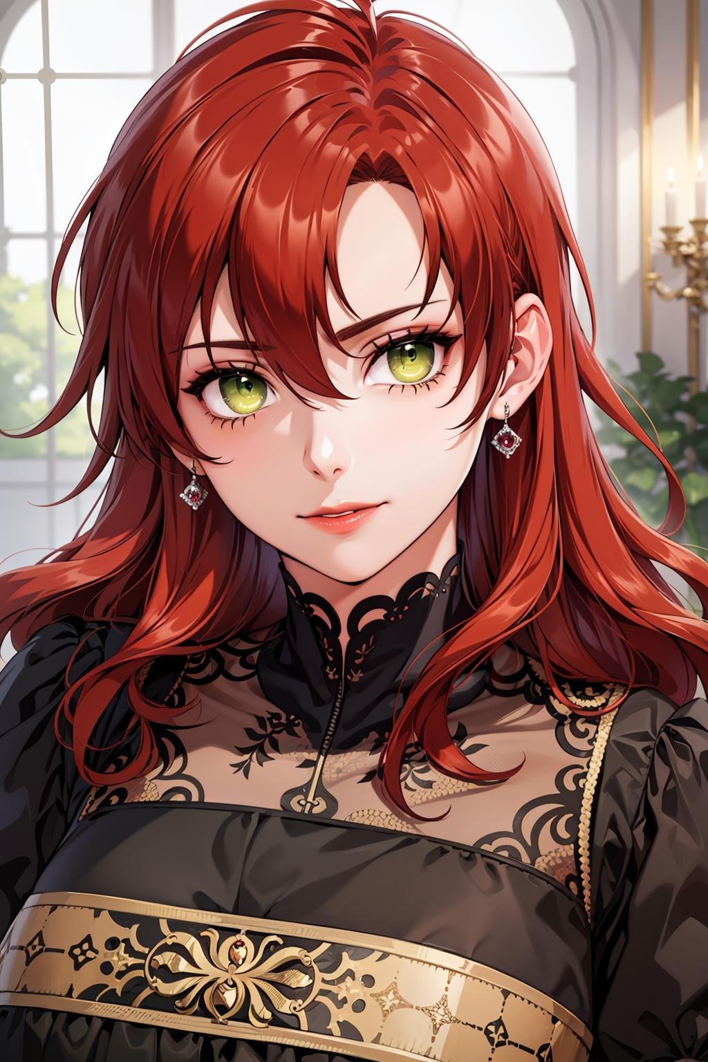 best quality, masterpiece, portrait, rebellia le castilla, green eyes, red hair, wavy hair, long hair, hair intakes, large breasts, hair between eyes, dress, juwelery, seductive smile, looking at viewer, closed mouth,indoors, mansion,<lora:Kizuki - Divorcing My Tyrant Husband - Rebellia Le Castilla:0.9>