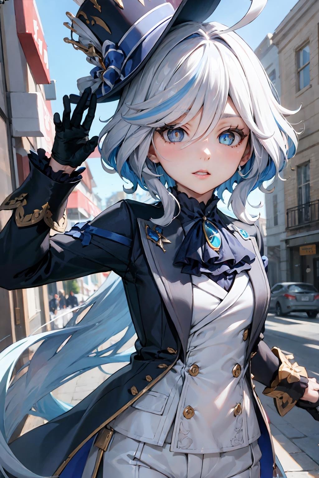 best quality, masterpiece, portrait, furina, KizukiAi, ahoge, blue eyes, white hair, blue hair, mismatched pupils, multicolored hair, streaked hair, long hair, small breasts, heterochromia, tophat, ascot, jacket, sleeve cuffs, shorts,  asymmetrical gloves, top hat,  outdoors, town, looking at viewer, <lora:Kizuki - Genshin Impact - Furina:0.9>