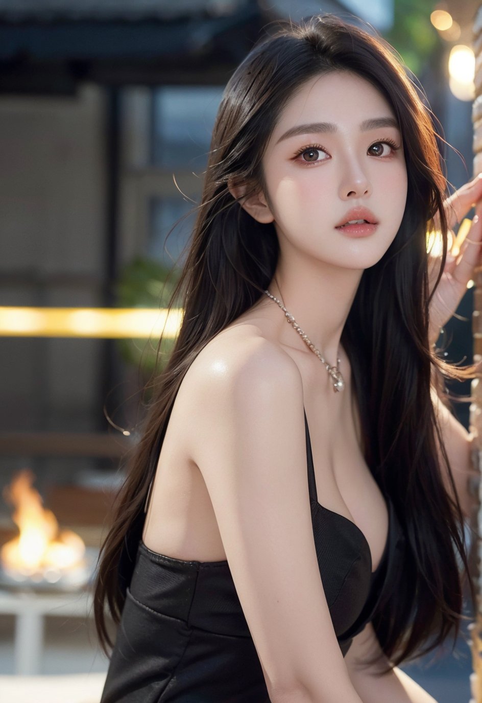 Woohee, 1 girl, detailed face, a woman with long black hair and a liquid_metal_blouse, outdoor scene, (night light),  led lighting, magnificent light, ((fire works)), close up, portrait, upperbody, RAW, (intricate details:1.3), (best quality:1.3), (masterpiece:1.3), (hyper realistic:1.3), best quality, 1 girl, ultra-detailed, ultra high resolution, very detailed mphysically based rendering, dynamic angle, dynamic pose, wind, 8K UHD, Vivid picture, High definition, intricate details, detailed texture, finely detailed, high detail, extremely detailed cg, High quality shadow, a realistic representation of the face, beautiful detailed, (high detailed skin, skin details), slim waist, beautiful and realistic and detailed hands and fingers:1, best ratio four finger and one thumb, (detailed face, detailed eyes, beautiful face), ((korean beauty, kpop idol, ulzzang, korean celebrity, korean cute, korean actress, korean, a beautiful 18 years old beautiful korean girl)), (high detailed skin, skin details), Detailed beautiful delicate face, Detailed beautiful delicate eyes, a face of perfect proportion, (beautiful and realistic and detailed hands and fingers:1.3), (Big breasts:1.3), (full body shot:1.3), (long legs:1.3), (sparkling eyes:1.3), (sparkling lips:1.3), taken by Canon EOS, SIGMA Art Lens 35mm F1.4, ISO 200 Shutter Speed 2000, Vivid ((korean beauty, kpop idol, ulzzang, korean celebrity, korean cute, korean actress, korean, 인스타 여신:1.3, a beautiful 18 years old beautiful korean girl)), (blue eye), (black long hair),chanel_jewelry, chanel_bag, vancleef_necklace,Nice legs and hot body, see-through,hourglass bodyshape,WOOHEE