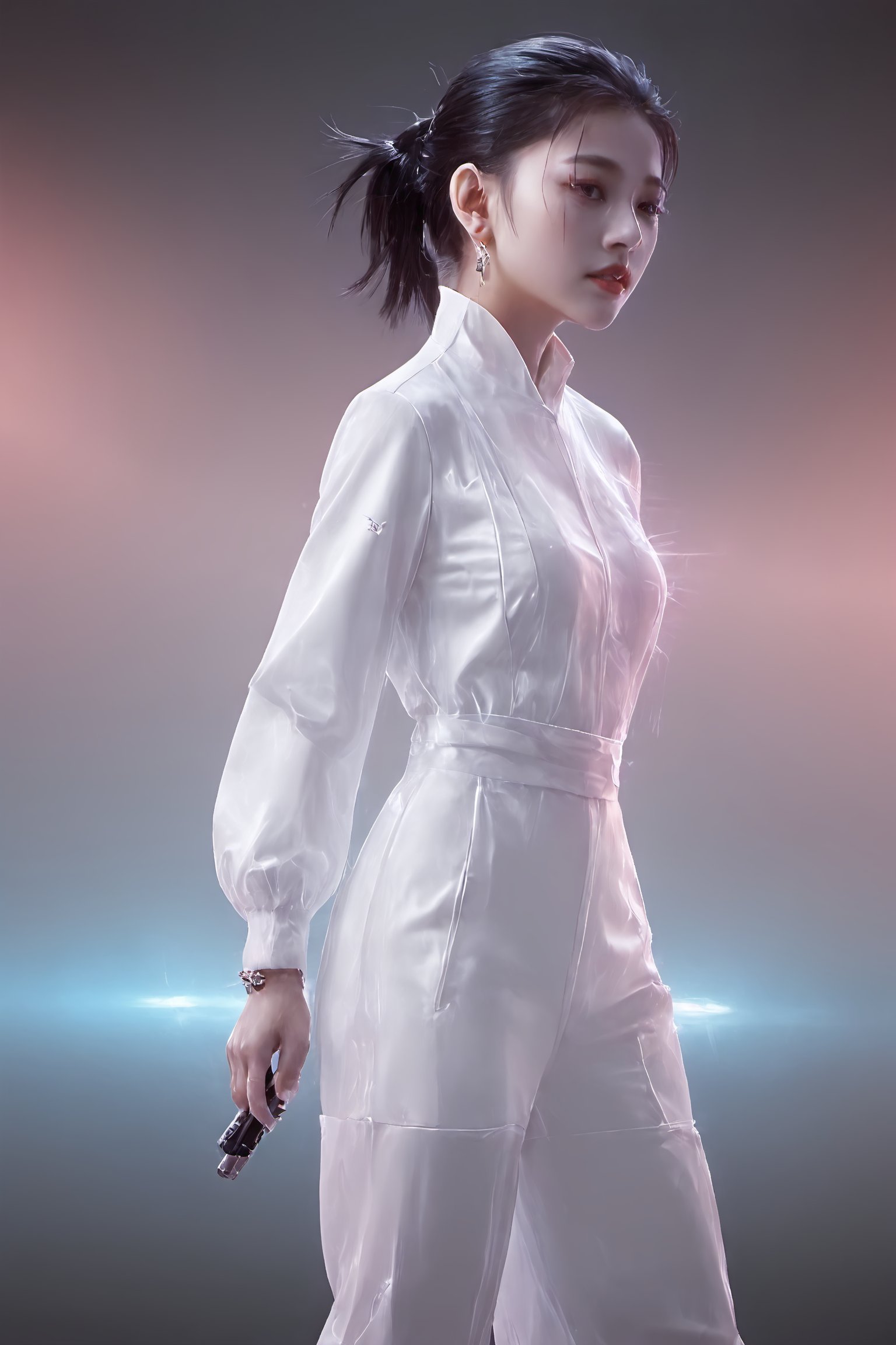 style of Yanjun Cheng, iridescent, In the neon-lit cyberpunk cityscape, a stunningly beautiful girl stands amidst the technological marvels, clad in elegant white attire that glows faintly with neon accents. As the city's advanced machinery hums around her, she exudes an air of confidence and mystery, embodying the seamless blend of human allure and cutting-edge technology in the futuristic world, watercolor, oil, ink, beizu style,xxmixgirl