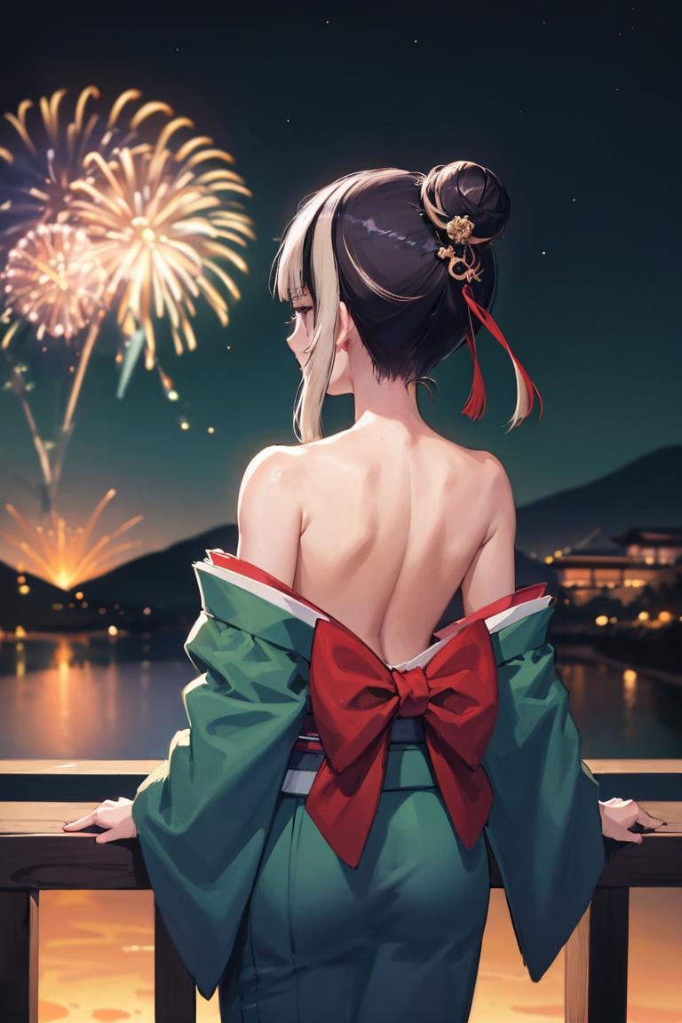 masterpiece, best quality, absurdres, JuufuuteiRaden, short hair, hair bun, aurora, back, bare back, bare shoulders, bow, constellation, crescent moon, (facing away:1.3), fireworks, from behind, hair ornament, japanese clothes, kimono, light particles, long sleeves, off shoulder, <lora:JuufuuteiRaden:1>
