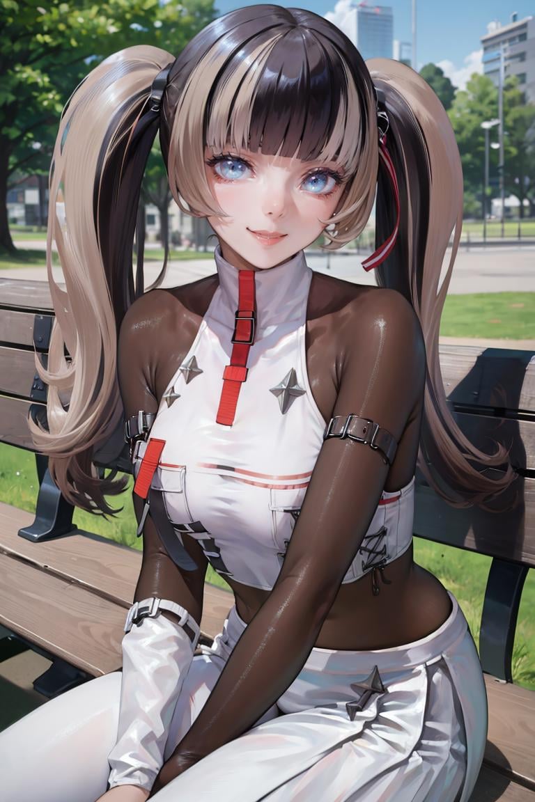 masterpiece, best quality, absurdres, RadenRegloss, twintails, white crop top, (bodystocking:1.2), white pants, detached sleeves, outdoors, sitting, bench, smile, <lora:JuufuuteiRaden:1>