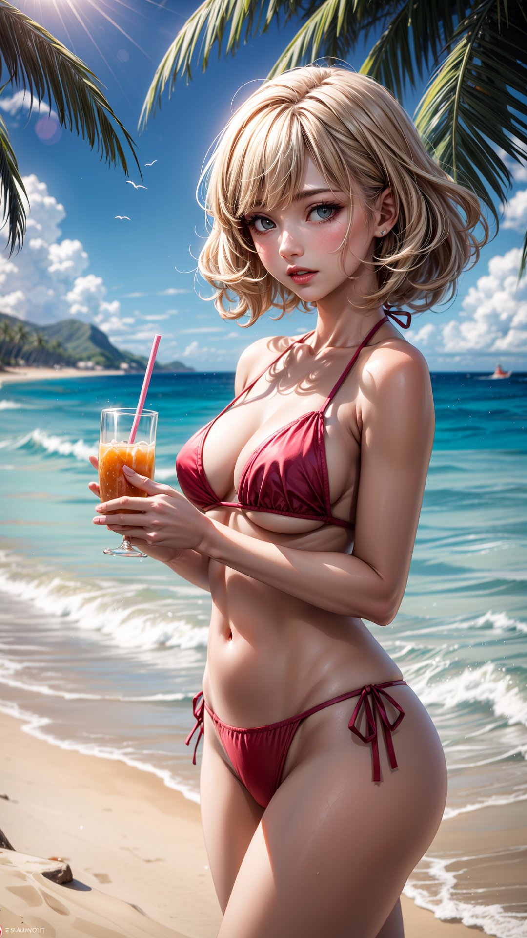 Imagine a sun-kissed beach scene,  where azure waves gently caress the shore and golden sands stretch as far as the eye can see. Amidst the rhythmic sounds of the ocean,  envision a young woman with cascading blonde,  curly hair,  dressed in a vibrant beachwear ensemble dominated by shades of pink. She holds a refreshing juice in hand,  its vivid colors mirroring the tropical surroundings. Capture the joyous moment as she takes a sip,  the fruity aroma mingling with the salty sea breeze. Dive into the details of her attire,  the way the pink hues complement the azure backdrop,  and how her carefree spirit harmonizes with the soothing rhythm of the waves. Transport yourself to this sunlit haven where the beach and the woman in pink create a picturesque symphony of leisure and tranquility.,<lora:EMS-179-EMS:0.800000>