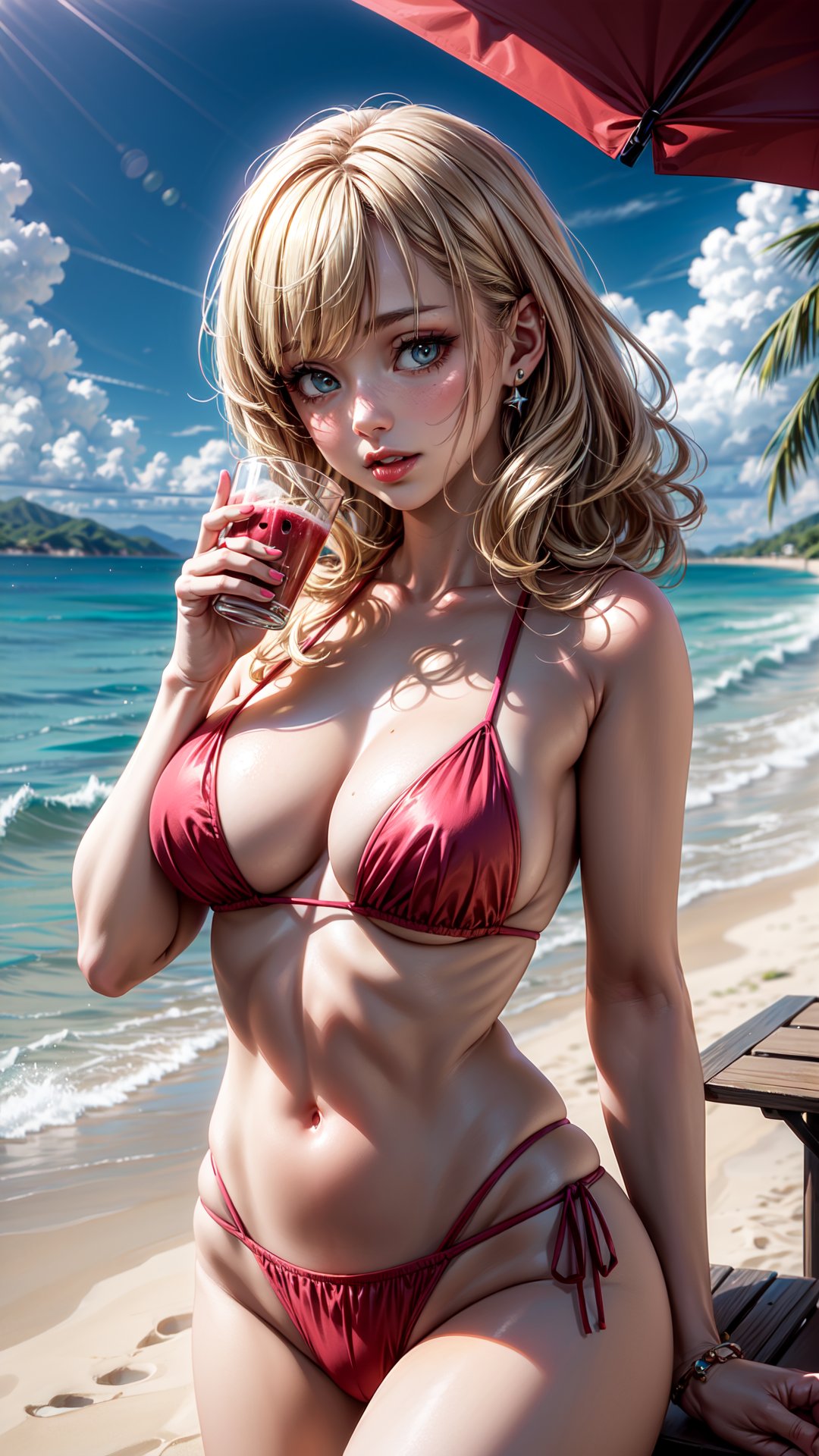 Imagine a sun-kissed beach scene, where azure waves gently caress the shore and golden sands stretch as far as the eye can see. Amidst the rhythmic sounds of the ocean, envision a young woman with cascading blonde, curly hair, dressed in a vibrant beachwear ensemble dominated by shades of pink. She holds a refreshing juice in hand, its vivid colors mirroring the tropical surroundings. Capture the joyous moment as she takes a sip, the fruity aroma mingling with the salty sea breeze. Dive into the details of her attire, the way the pink hues complement the azure backdrop, and how her carefree spirit harmonizes with the soothing rhythm of the waves. Transport yourself to this sunlit haven where the beach and the woman in pink create a picturesque symphony of leisure and tranquility.
