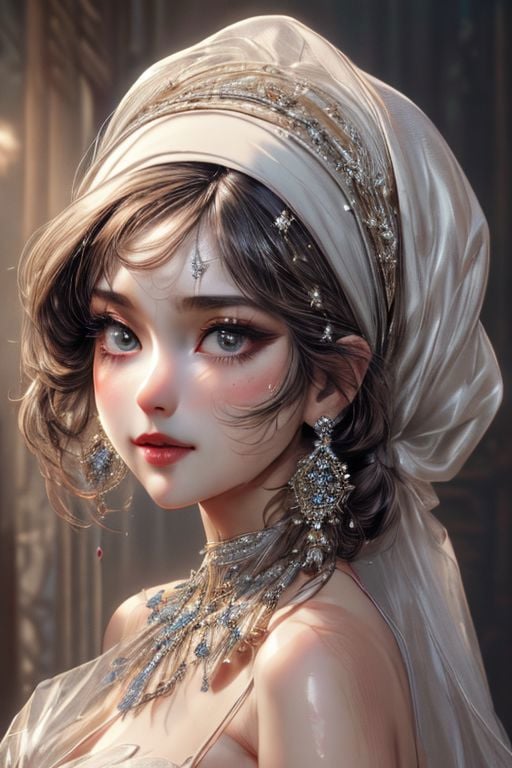 Masterpiece,best quality,Ultrares, hyper realistic, 8k, Extremely detailed beautiful face, beautiful nose, nose contour, Beautiful Gown, viel on face, fancy head scarf, Fancy revealing outfit,