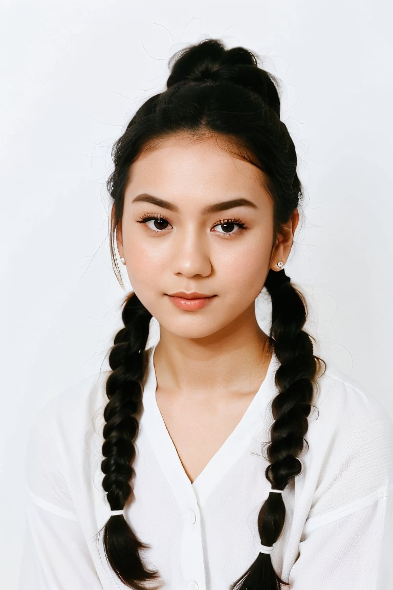 ersyaurel, 22 year, 1girl, white background, hair in pigtails, hair tied back together,  slanted eyes