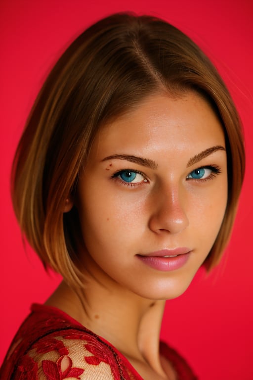 a portrait of the wo_4ngel01,  headshot_portrait,  short hair,  blonde,  wearing a lace red shirt,  colorful background,  global illumination,  high details,  UHD,  RAW,  HDR effect,  beautiful,  aesthetic,  perfect lighting