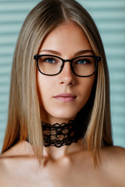 glasses, Sharp Focus, wo_4ngel01, her expression is sexy with parted lips, dark blonde hair, (close-up:0.8), low key lighting, shot on Lumix GH5, cinematic bokeh, lace choker, (simple background:1.2), teasing, detailed skin