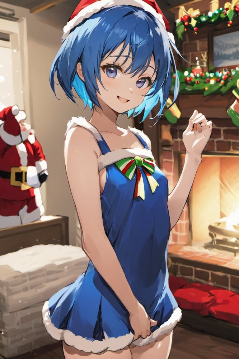 //Quality,
(masterpiece), (best quality), 8k illustration,
//Character,
1girl, solo, smile, 
//Fashion,
santa_costume,
//Background,
indoors, christmas, 
//Others,
aquascreaming,1girl ibuki mio short hair blue hair