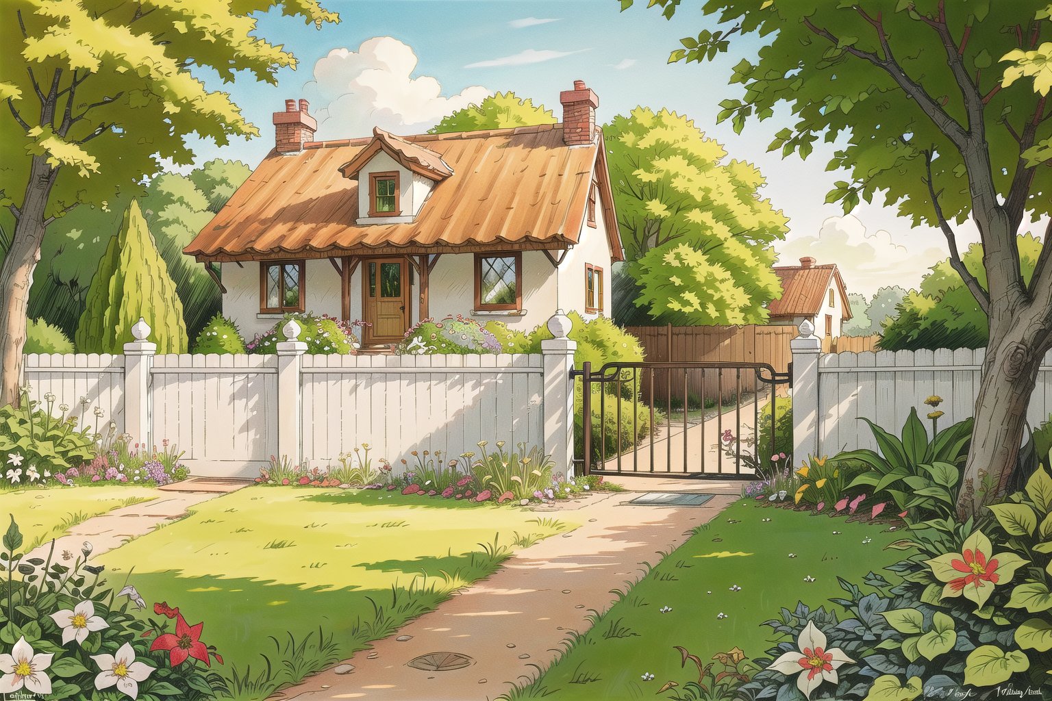 rup3rt_Style,  no humans,  outdoors,  day,  grass,  garden,  tree,  flower,  path,  extremely detailed,  white background,  natural lighting,  volumetric,  house,  fence,  , traditional media,<lora:EMS-179-EMS:0.200000>,<lora:EMS-252217-EMS:0.700000>