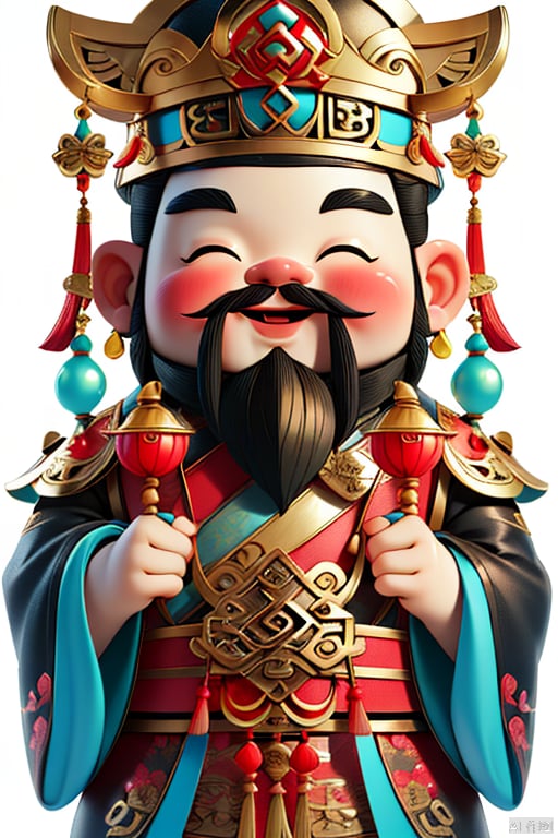 dafengcaishen,solo,blush,smile,open mouth,simple background,black hair,1boy,white background,holding,Smiling eyes,male focus,^_^,facial hair,chinese clothes,crown,gem,facing viewer,beard,mustache