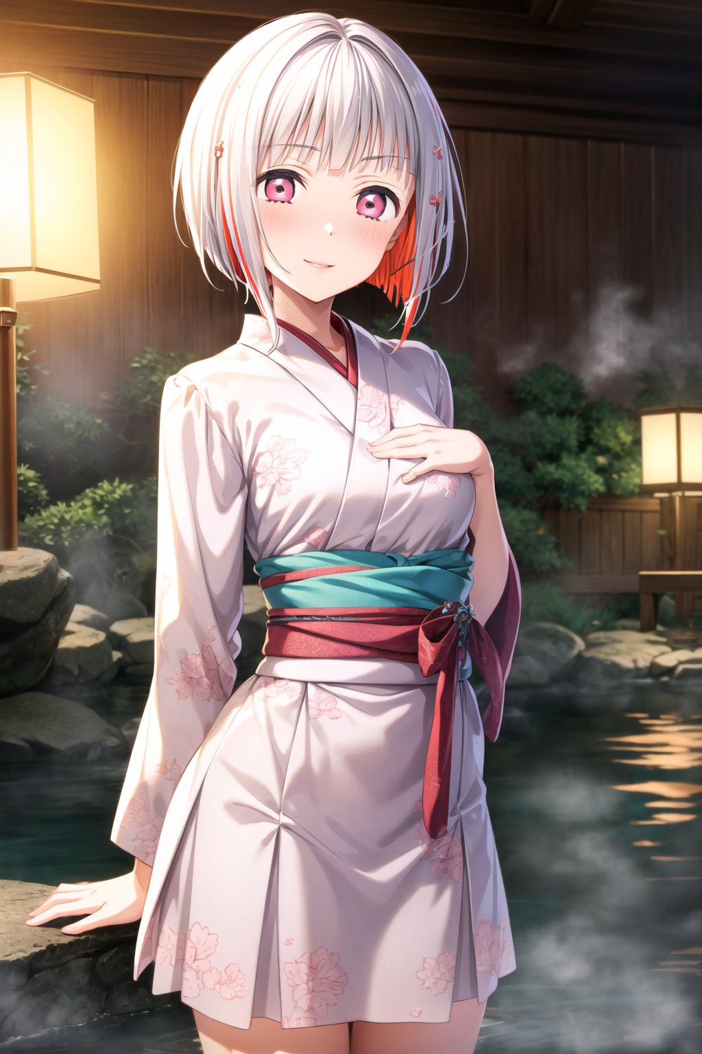 (lady, 18 years old,small breast, parted lips, blush, serious, closed mouth, full blush face),(solo), (1 girl),yugiri tsuzuri, pink eyes, white hair, multicolored hair, short hair,  (asymmetrical bang:1, asymmetrical hair,), minikimono, printed pattern kimono, frilled skirt, fluffy skirt, multilayer skirt, holding teapot, indoors, onsen room in background, standing, (looking at viewer:1.4, looking front:1.2, ), 8k, masterpiece, ultra resolution, smile, parted lips, seductive smile, naugthy face, arms behind back:1.2,