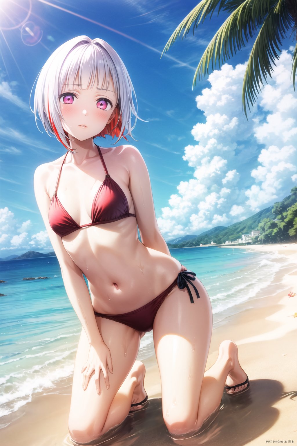 (lady, 18 years old,small breast, parted lips, blush, serious, closed mouth, full blush face),(solo), (1 girl),yugiri tsuzuri, pink eyes, white hair, multicolored hair, short hair,  (asymmetrical bang:1, asymmetrical hair,) , , shiny skin, lustrous body, brillant body, brillant eyes, beauty eyes, large hips, perfect skin,pale skin,high quality,hd,realism, looking at viewer, beautiful eyes, 3d face, lustrous skin, masterpiece:1.4, highres, illustration, red bikini, beach backrgound, blue sky, clouds, sunny, water, wet body:1,  , kneeling, arms behind back:1.4,