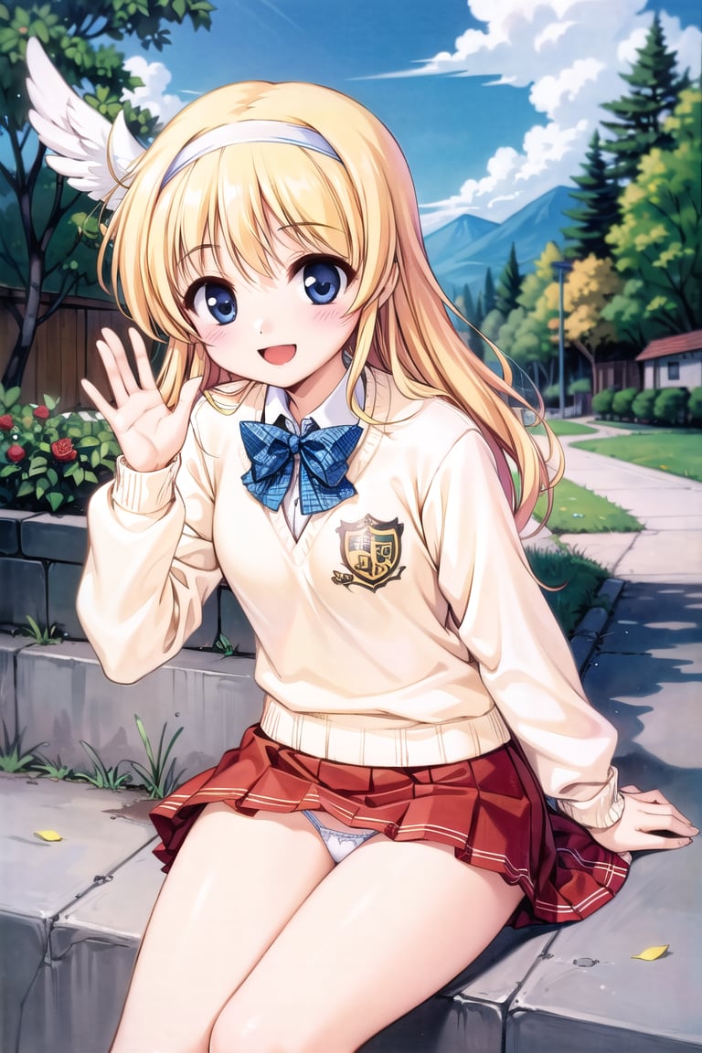 (best picture, best picture quality, best picture quality score: 1.3), (sharpest picture quality), perfect beauty: 1.5, blonde, long hair, (school uniform), (red colored pleated skirt), pretty girl, yellow sweater, (girl sitting on stairs ), (lonely), (best smile), (very beautiful view), (fluttering skirt), (pleated skirt),, red uniform, red skirt, hair band, waving, pure white panties visible, dove flying in the sky, detailed panties,