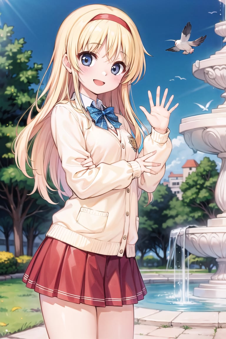 (Best Picture, Best Picture Quality Score: 1.3), (Sharpest Picture Quality), Perfect Beauty: 1.5, Blonde, long hair, (school uniform), (red colored pleated skirt), pretty girl, yellow sweater, (girl standing in front of fountain ), (lonely), (best smile), (very beautiful view), (fluttering skirt), (pleated skirt), (red uniform, red skirt, hair band, waving, pure white panties visible, pigeon flying in the sky