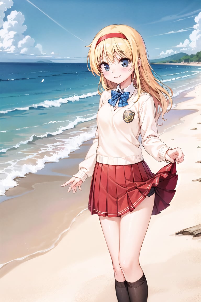 (best picture, best quality, best quality score: 1.3), (sharpest picture quality), perfect beauty: 1.5, blonde, long hair, (school uniform), (red color pleated skirt), pretty girl, yellow sweater, (girl standing on the beach ), (solitude), (best smile), (very beautiful view), (fluttering skirt), (pleated skirt), (pleated skirt),,red uniform, red skirt, hair band